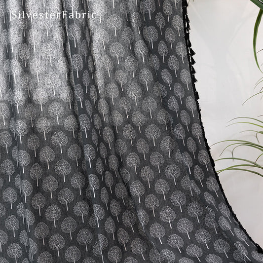 Farmhouse Tree Printed Black Curtains