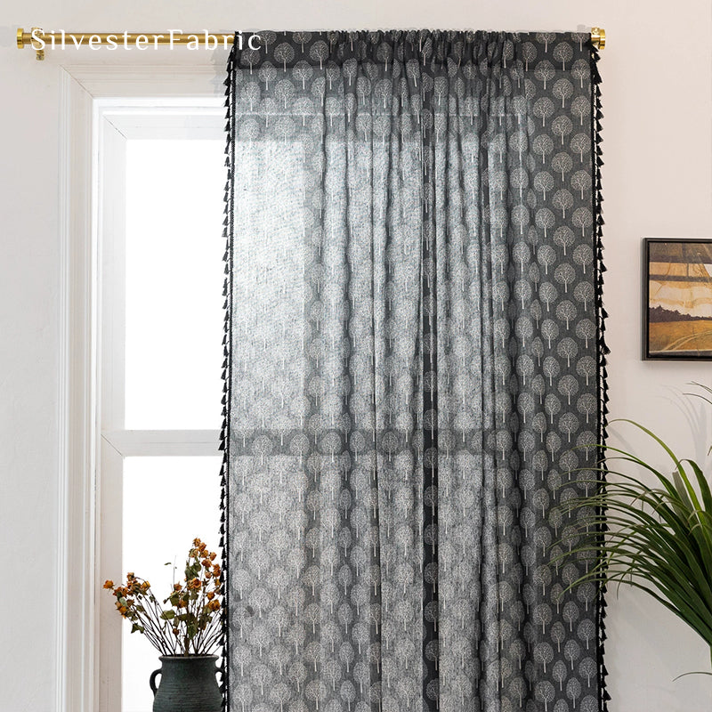 Farmhouse Tree Printed Black Curtains