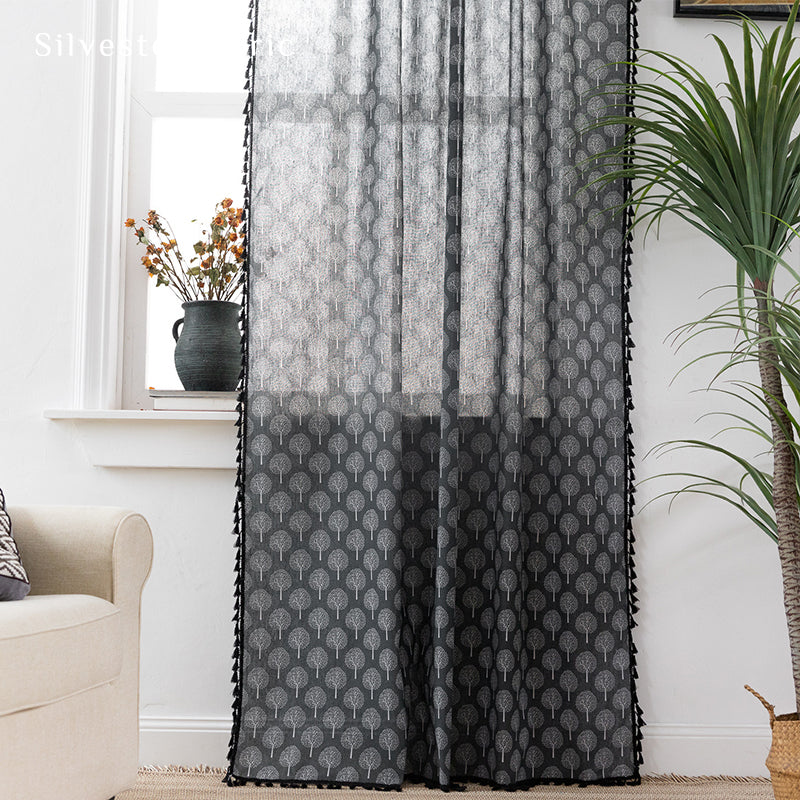 Farmhouse Tree Printed Black Curtains