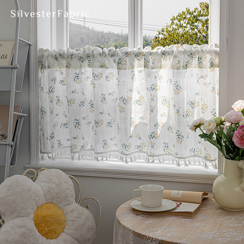Close‑up of White French Floral Cafe Curtain corner