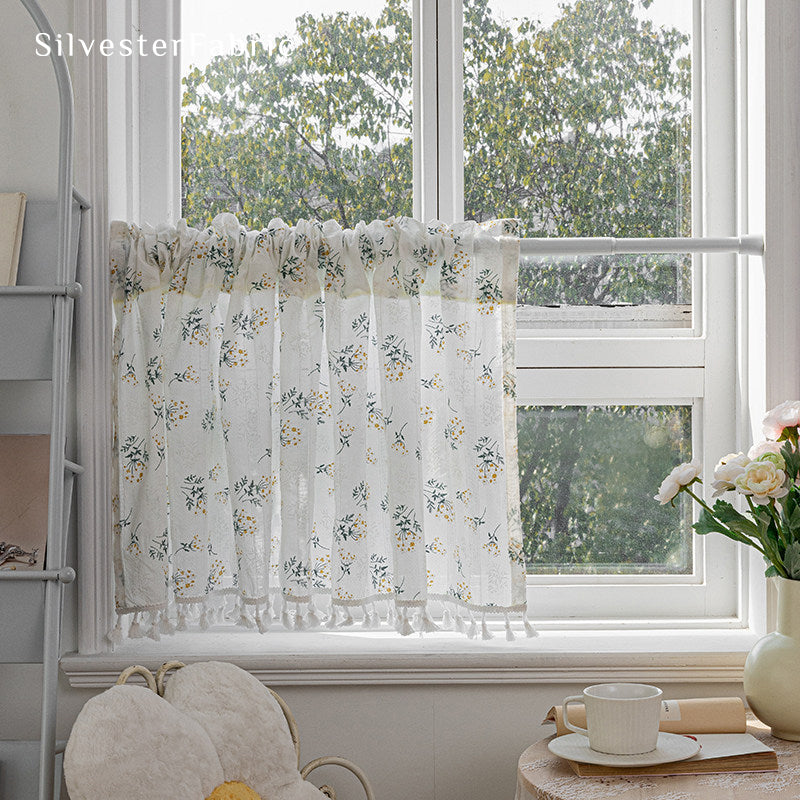 Close‑up of White French Floral Sheer Cafe Curtain corner