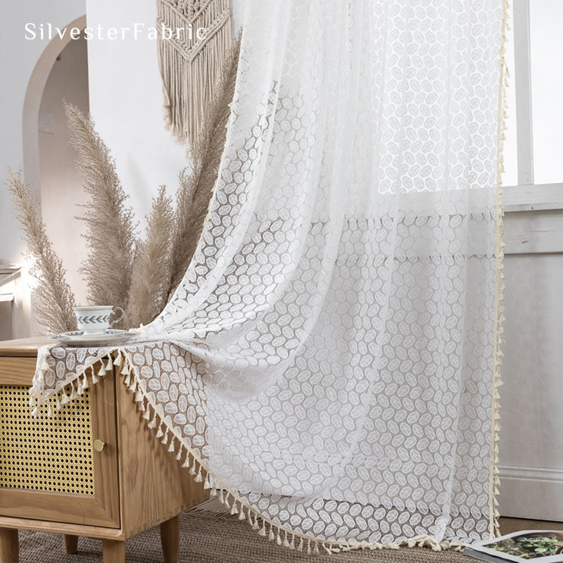 Close‑up of White Leaf Farmhouse Sheer Curtain corner