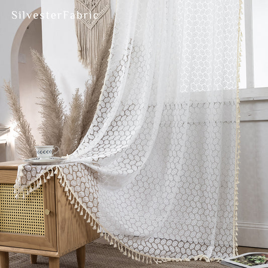 Close‑up of White Leaf Farmhouse Sheer Curtain corner