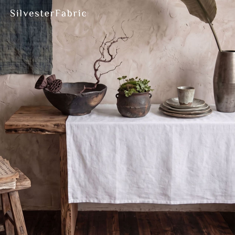 solid white rectangle tablecloth fabric close-up