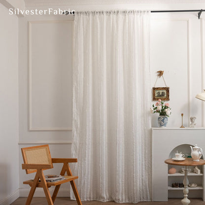 white farmhouse striped curtain hanging in window