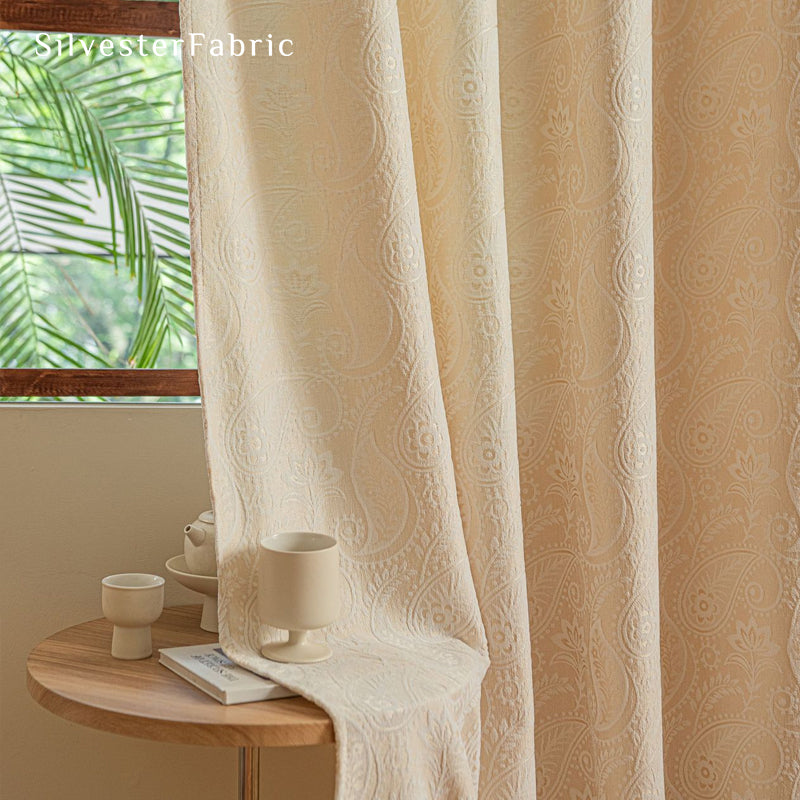yellow paisley bohemian curtain fabric close-up