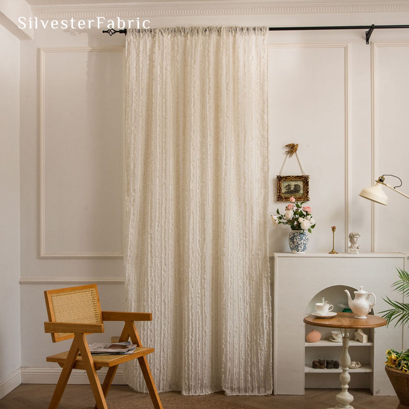 yellow farmhouse striped curtain hanging in window