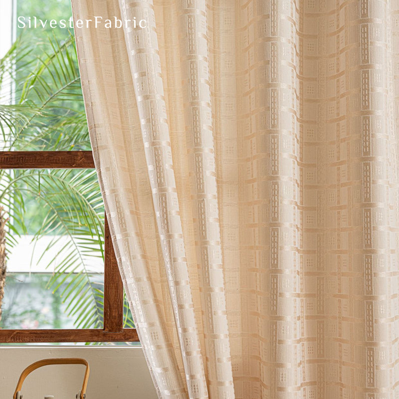 beige jacquard farmhouse curtain fabric close-up