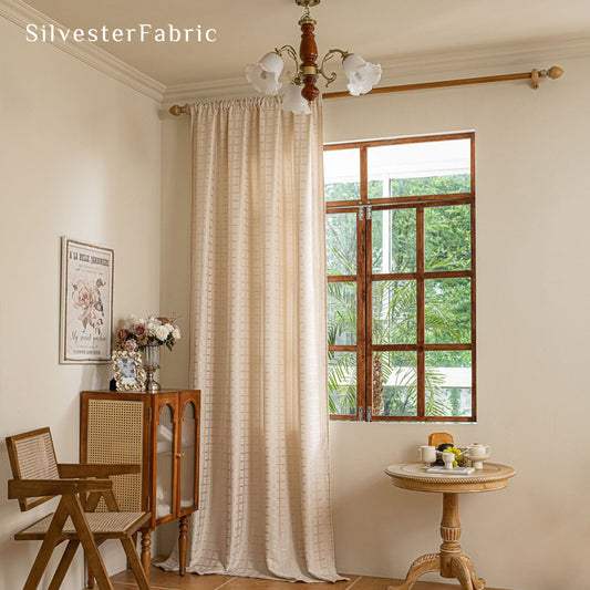 beige jacquard farmhouse curtain panel