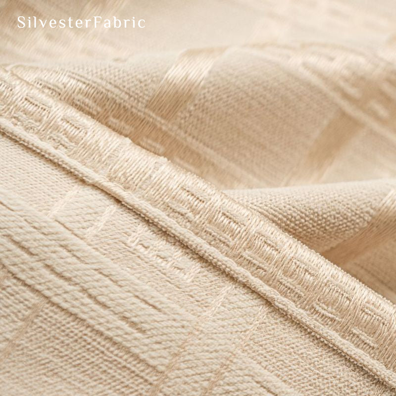 beige jacquard farmhouse curtain drape and fold detail