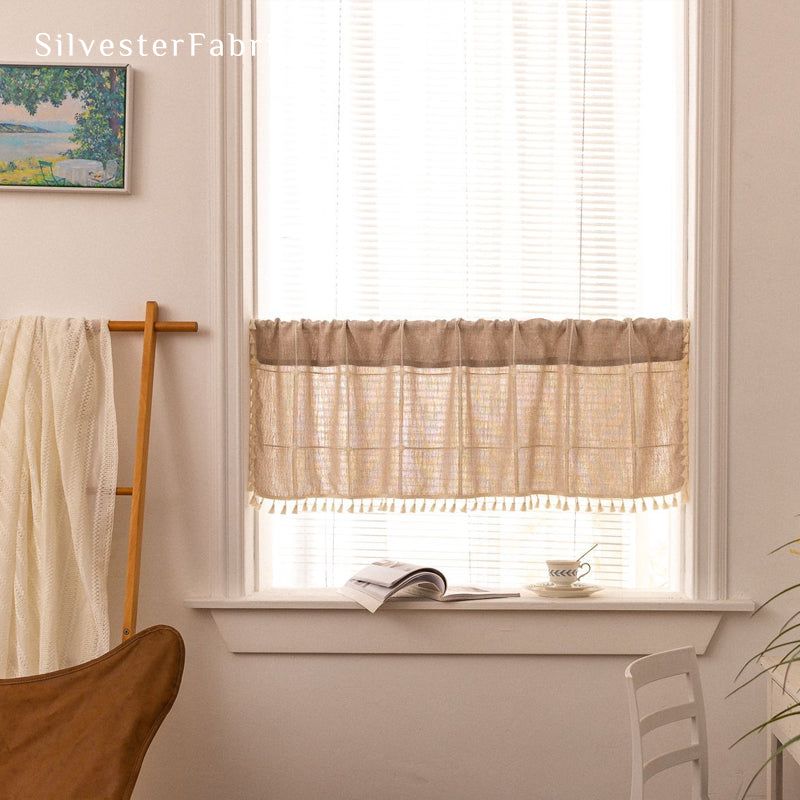 Close‑up of Beige Plaid Farmhouse Cafe Curtain