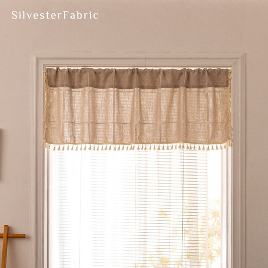 Close‑up of Beige Plaid Farmhouse Cafe Curtain corner