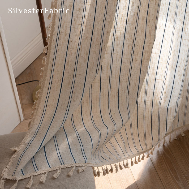 Close‑up of Beige striped curtain corner