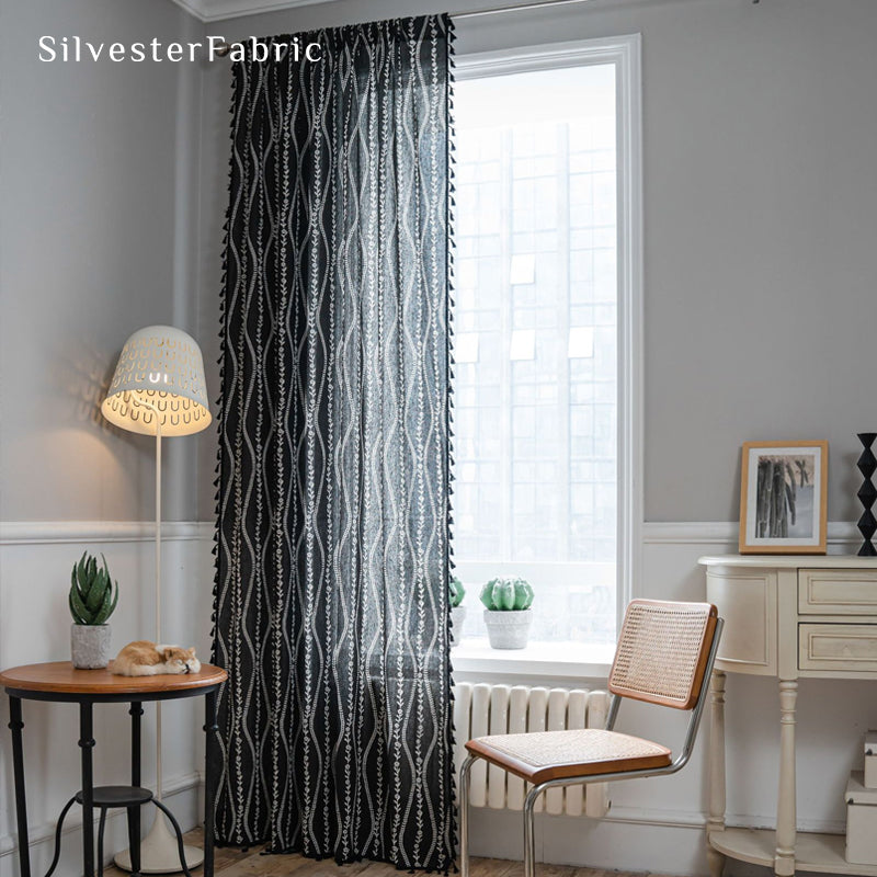 Close‑up of Black Floral Stripes Curtain corner