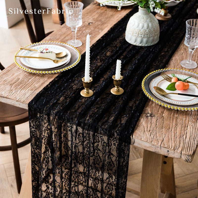 black floral lace table runner edge stitching detail