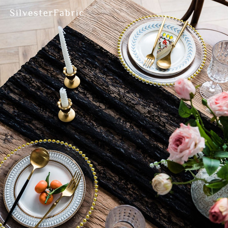 black floral lace table runner fabric close-up