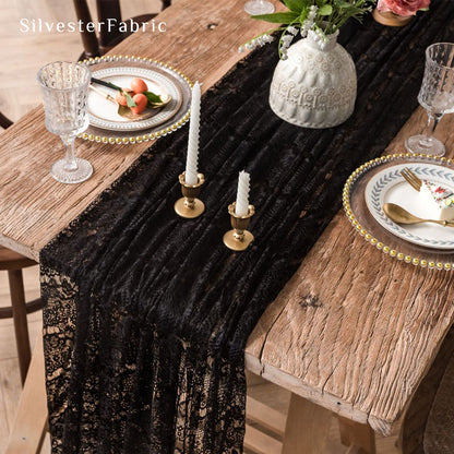 black lace table runner edge stitching detail