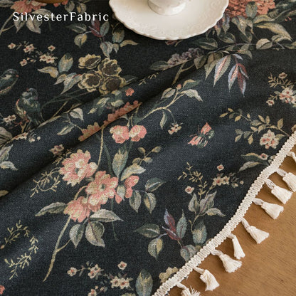 black round  farmhouse  floral tablecloth texture and weave detail