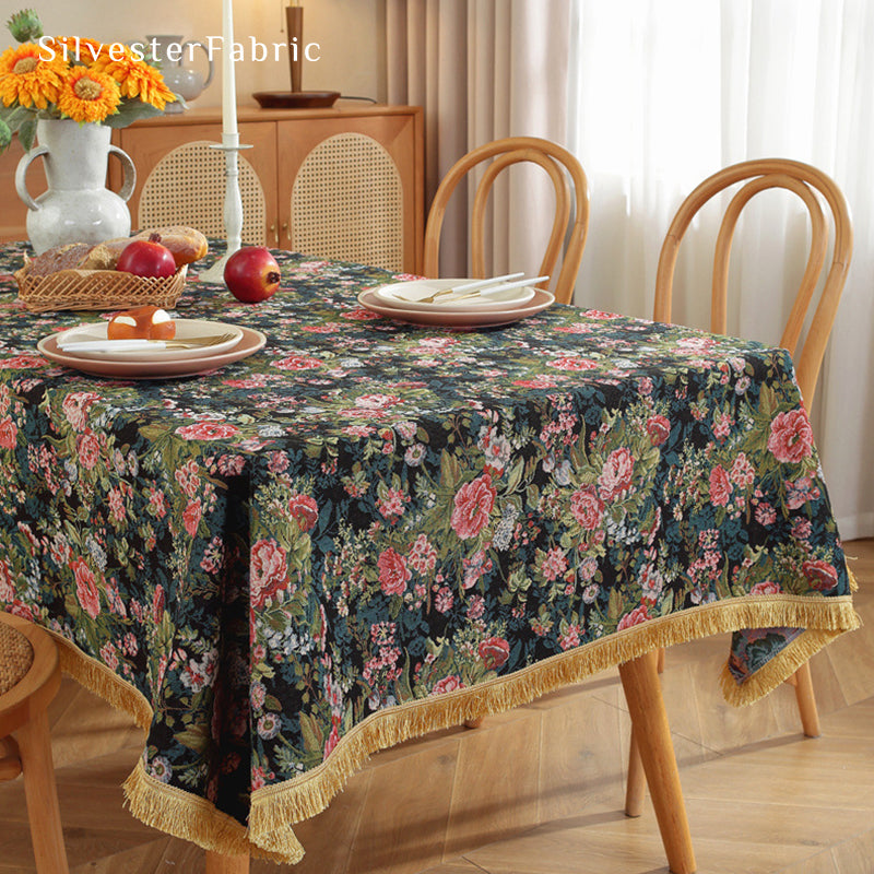 Black Floral Cloth Tablecloth