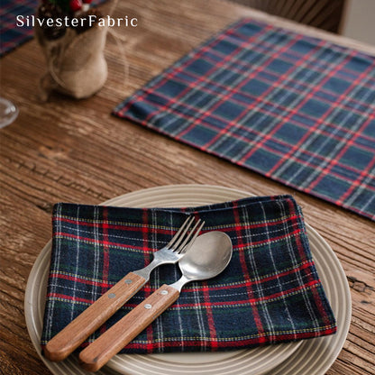 blue Christmas plaid placemats fabric close-up