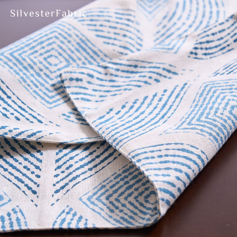 blue textured farmhouse placemats edge stitching detail