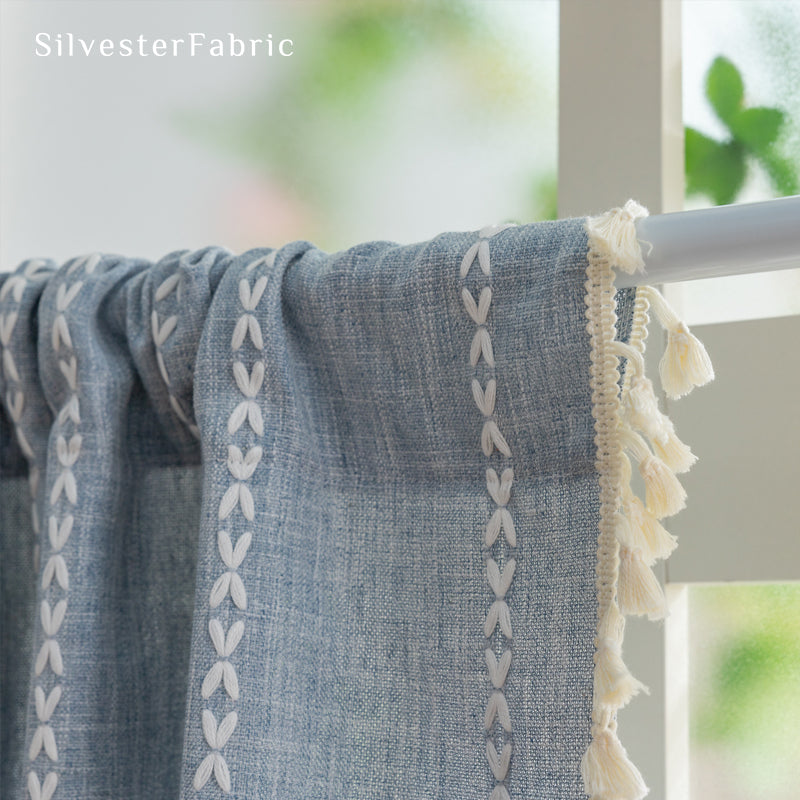 Close‑up of Blue French Cafe Curtain
