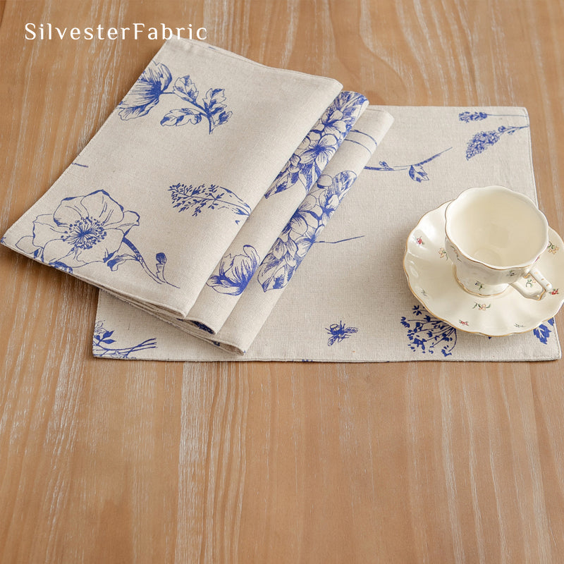 blue floral farmhouse placemats edge stitching detail
