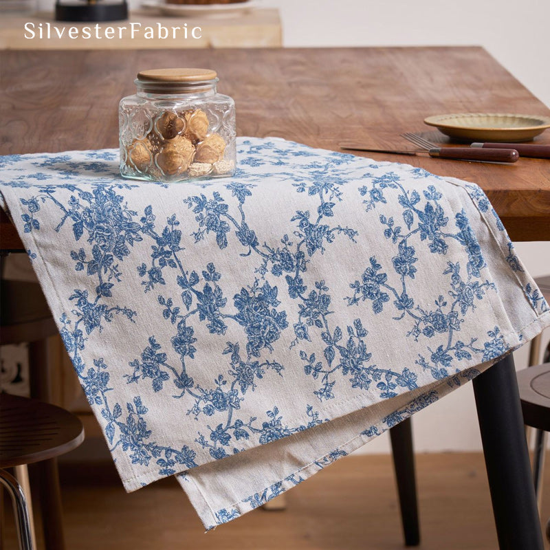 blue floral farmhouse placemats edge stitching detail