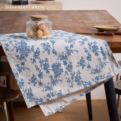 blue floral farmhouse placemats edge stitching detail