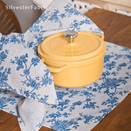 blue floral farmhouse placemats edge stitching detail