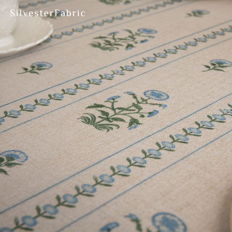 blue floral round farmhouse tablecloth fabric close-up