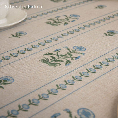 blue floral round farmhouse tablecloth fabric close-up