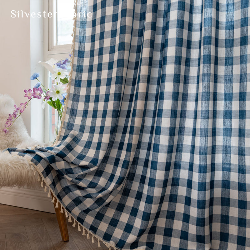 Close‑up of Blue Plaid Farmhouse Curtain corner