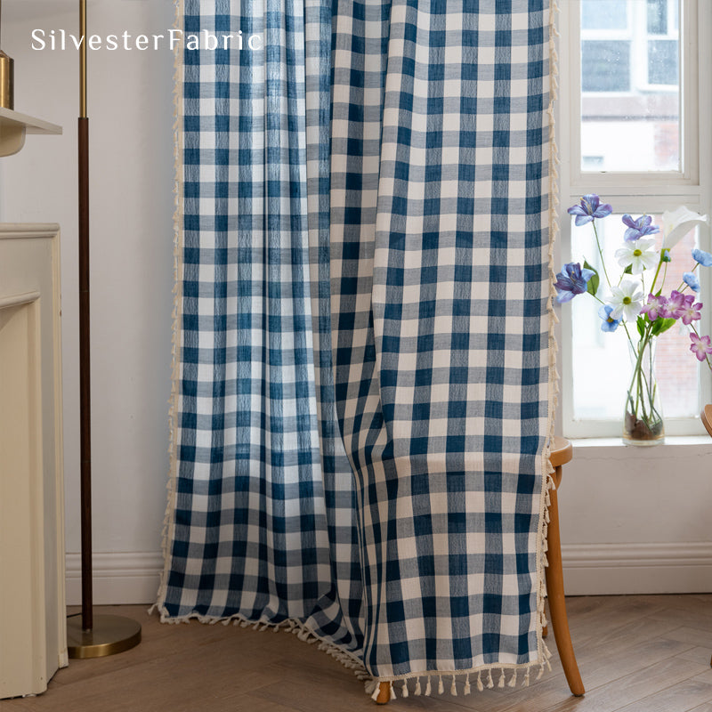 Close‑up of Blue Plaid Curtain corner
