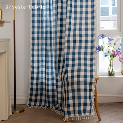 Close‑up of Blue Plaid Curtain corner