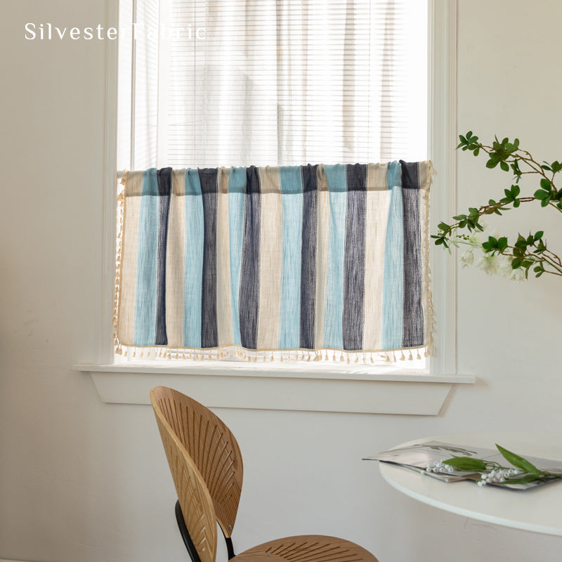 Close‑up of Blue Striped Block Cafe Curtain corner