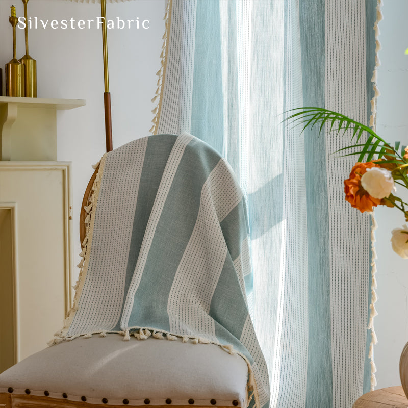 Close‑up of Blue Striped Embroidered Curtain