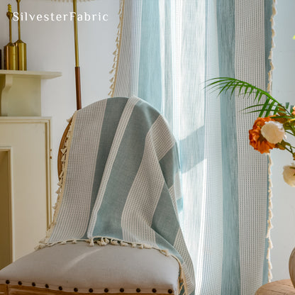 Close‑up of Blue Striped Embroidered Curtain