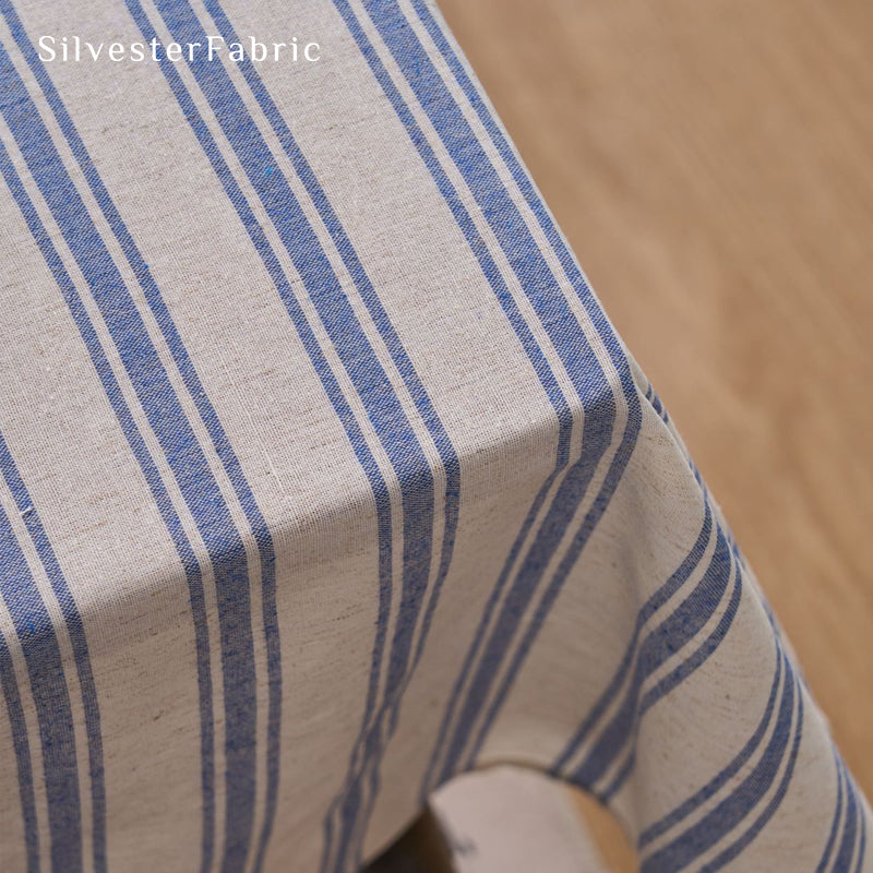 blue striped farmhouse tablecloth fabric close-up
