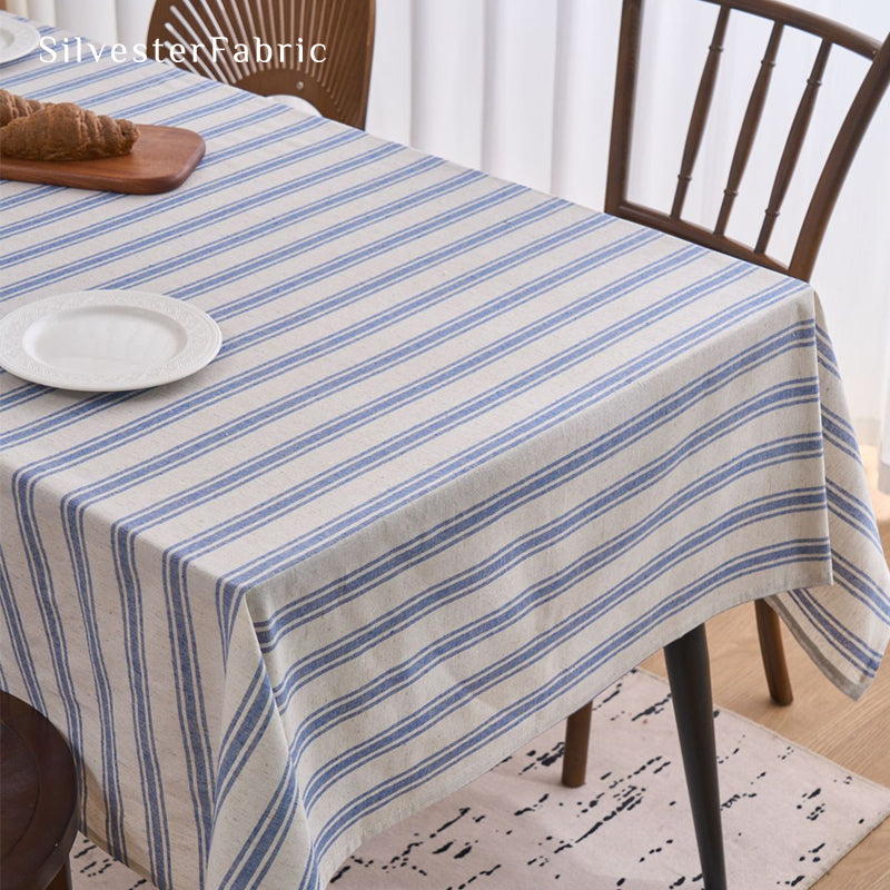 blue striped farmhouse tablecloth texture and weave detail