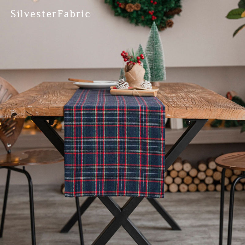 blue plaid table runner laid flat on dining table