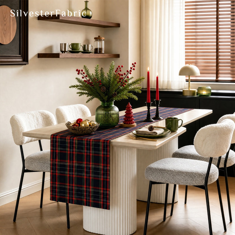 blue plaid table runner draped over rectangle table