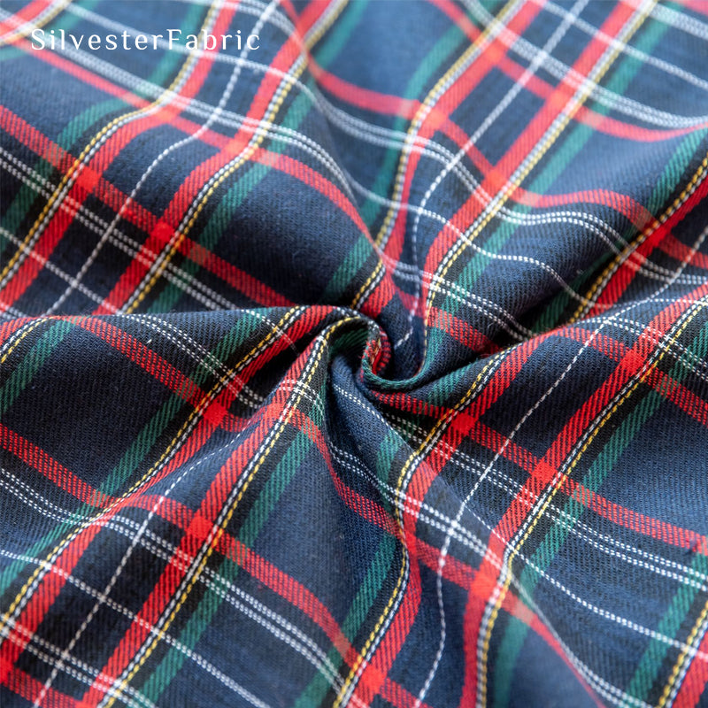 blue plaid table runner fabric close-up