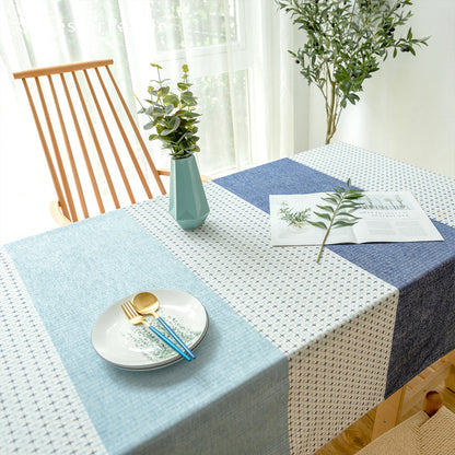 Blue geometric color block tablecloth over table