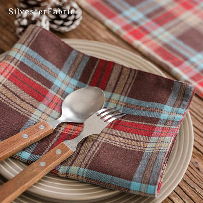 brown Christmas plaid placemats edge stitching detail