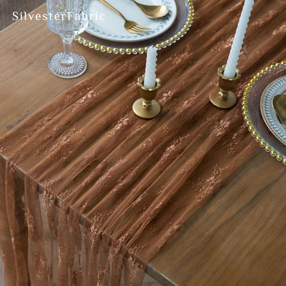 brown lace table runner fabric close-up