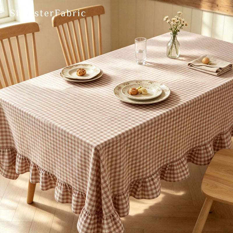 brown plaid farmhouse tablecloth edge stitching detail