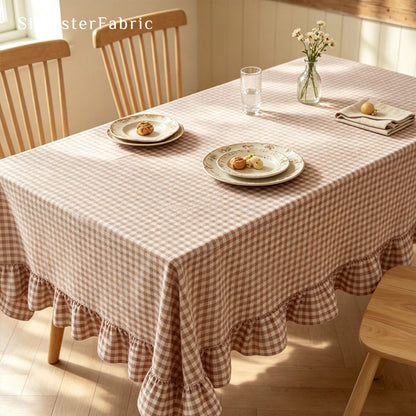 brown plaid farmhouse tablecloth edge stitching detail