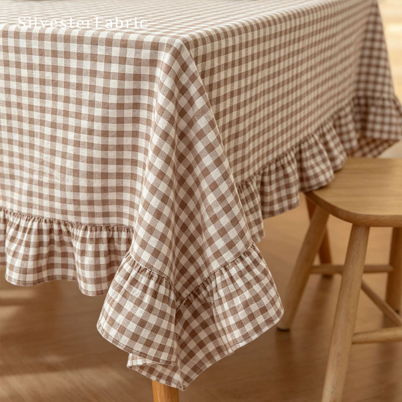 brown plaid farmhouse tablecloth fabric close-up
