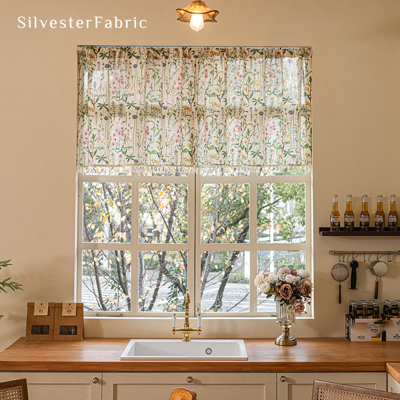 farmhouse floral cafe curtain hanging in window